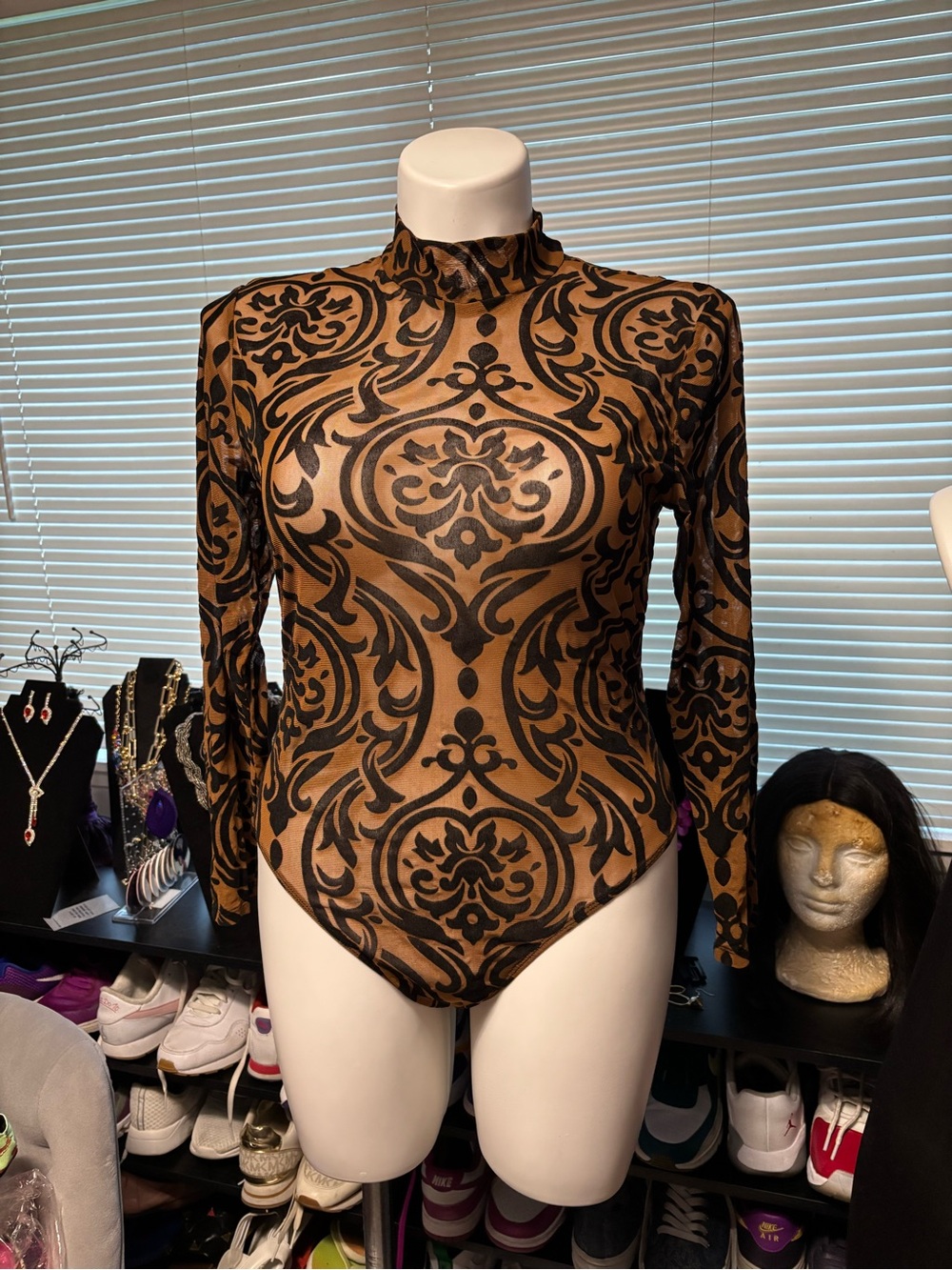 Fashion Nova Brown and Black Long-Sleeve Mock Neck Bodysuit